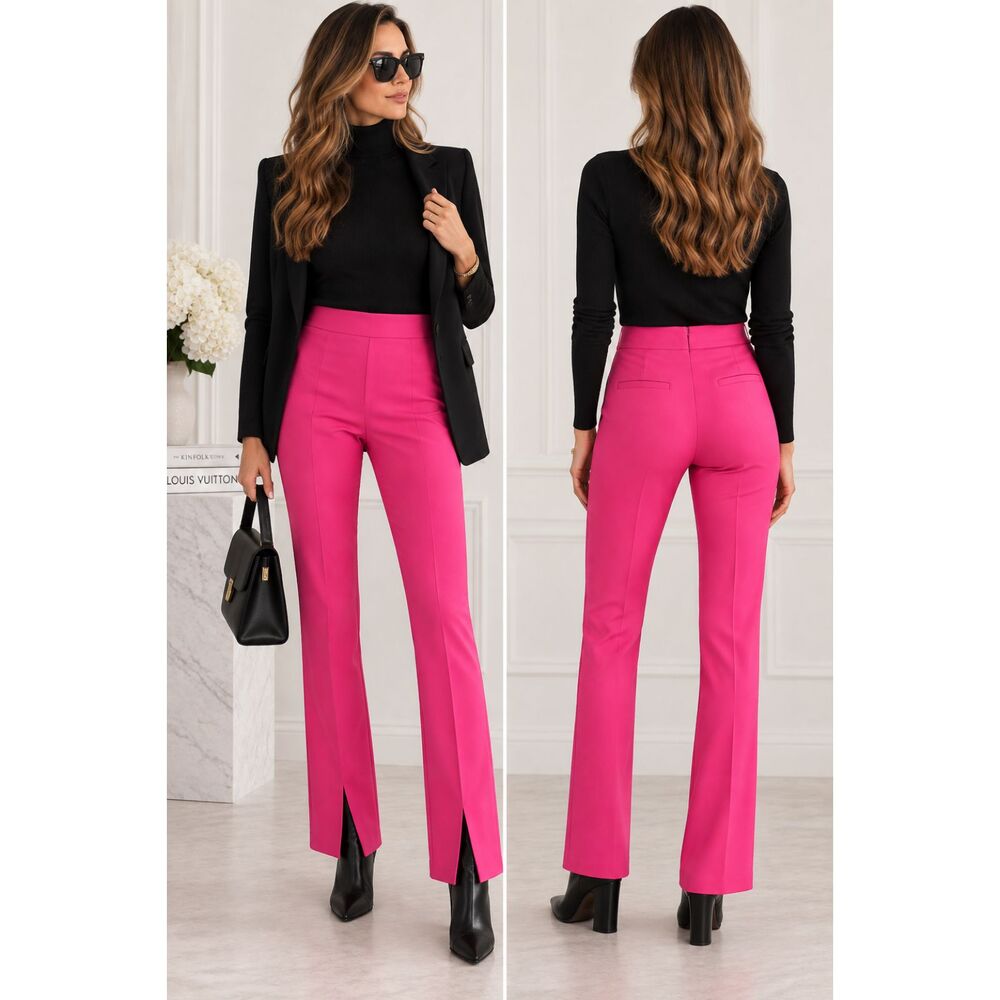 Patrizia Pepe Hot Pink Wool Dress Pants Split Hem Trousers Flat Front Barbie 40